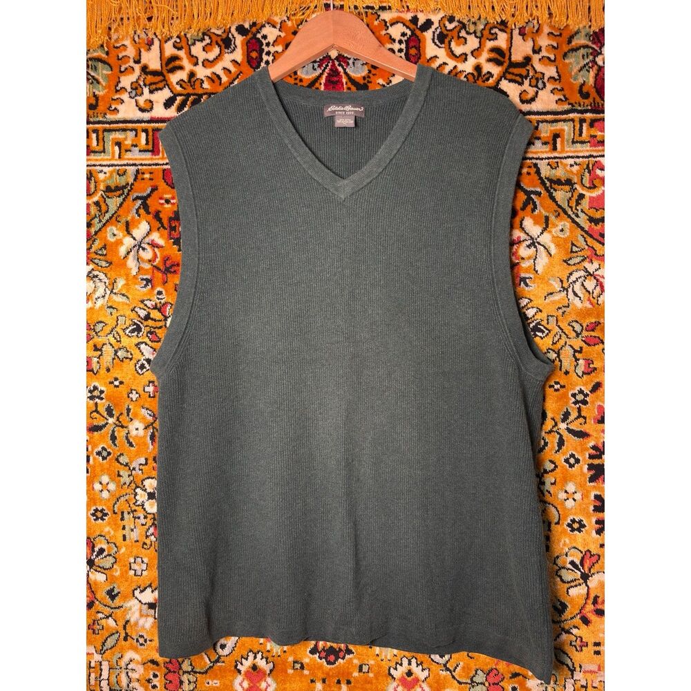 Vintage 90s Eddie Bauer 100% Cotton Dark Green Knit Pullover Sweater Vest sz L